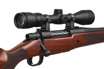 A sniper rifle with a telescopic sight. A carbine with a wooden stock. Weapons for hunting and sports isolate on a white back.
