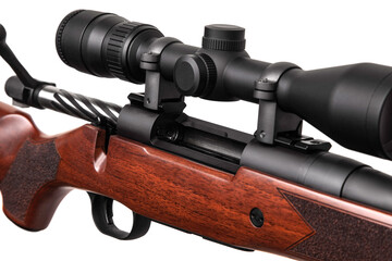 A sniper rifle with a telescopic sight. A carbine with a wooden stock. Weapons for hunting and...