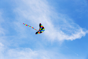 Colorful kite flying in the cloudy sky. Bright multicolored kite on a background of white clouds and blue sky