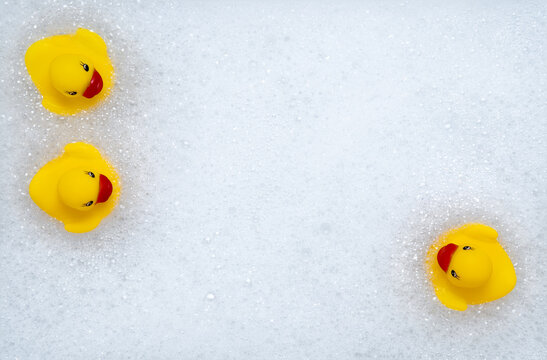 High Angle View of yellow rubber duck in bath swimming in foam w