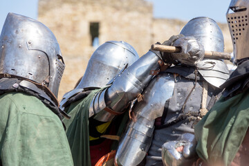 ODESSA, UKRAINE - JULY 20, 2019: Battle of the Knights with medieval weapons at the medieval...