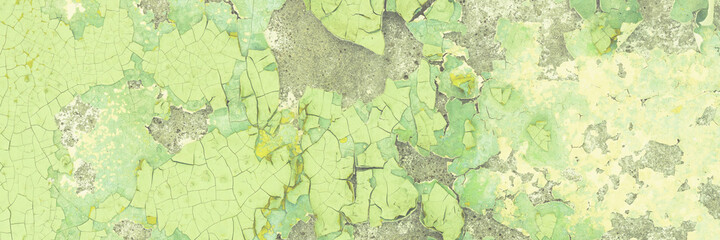 Peeling paint on the wall. Panorama of a concrete wall with old cracked flaking paint. Weathered rough painted surface with patterns of cracks and peeling. Panoramic texture for background and design.