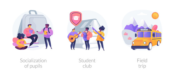 Fototapeta premium School environment abstract concept vector illustration set. Socialization of pupils, student club, field trip, after-school activity, college association, social interaction abstract metaphor.