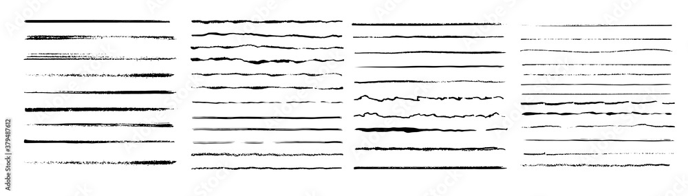 Poster Set of wavy horizontal lines. Marker hand-drawn line border set and scribble design elements. Lines hand drawn paint brush stroke. Vector set isolated on white. Hand drawn scribble.Black ink