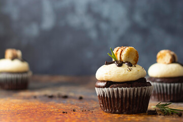 Chocolate cupcakes with butter cream. Sweet dessert, bakery, pastry dessert. Copy space.