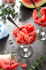 Fresh watermelon slices in glass cup. Healthy, juicy fruit.