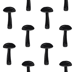 Vector seamless pattern of black hand drawn doodle sketch brown cap boletus mushroom isolated on white background