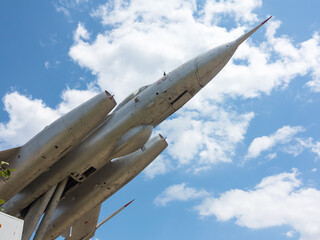 Odessa, Marinovka, Ukraine, July 15, 2018: Monument plane fighter in flight against the blue sky. Monument to the Hero of the Soviet Union who died in the Great Patriotic War.
