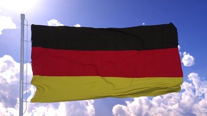 German flag fluttering at the background of clear blue sky. 3d rendering