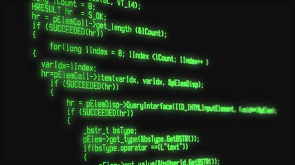 Close-up of a program code on a computer screen. Technology, coding, programming, software development and hacking concept. 3d rendering
