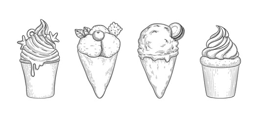 Vector set with hand drawn detailed ice cream and fruit dessert.