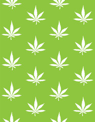 Vector seamless pattern of white hand drawn hemp cannabis silhouette isolated on green background