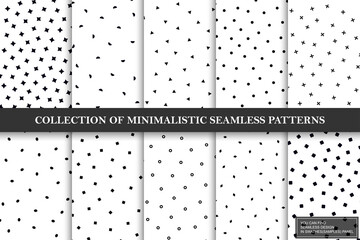 Collection of vector minimalistic seamless patterns. Simple black and white textures with geometric shapes. Repeatable trendy backgrounds