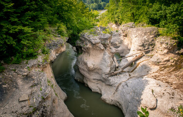 Rough river Belaya in Khadzhokhsky gorge, summer. Russia , the Republic of Adygea .