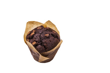 Close up view of chocolate muffin isolated on white background. Food and drink concept.