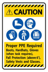 Caution Sign Proper PPE Required Boots, Hardhats, Gloves When Task Requires Fall Protection With PPE Symbols