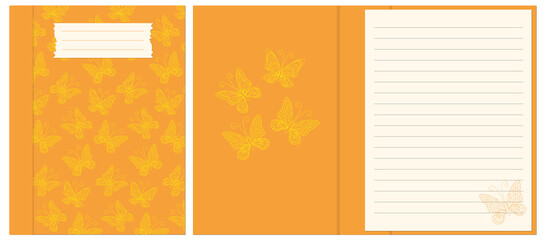 Design cover and interior notebook with contour seamless pattern yellow butterflies