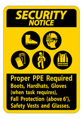 Security Notice Sign Proper PPE Required Boots, Hardhats, Gloves When Task Requires Fall Protection With PPE Symbols