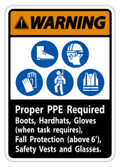 Warning Sign Proper PPE Required Boots, Hardhats, Gloves When Task Requires Fall Protection With PPE Symbols