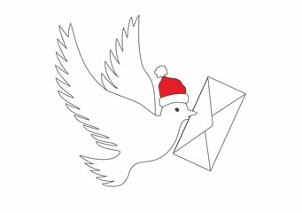 Pigeon with Santa Claus hat flyes with letter.