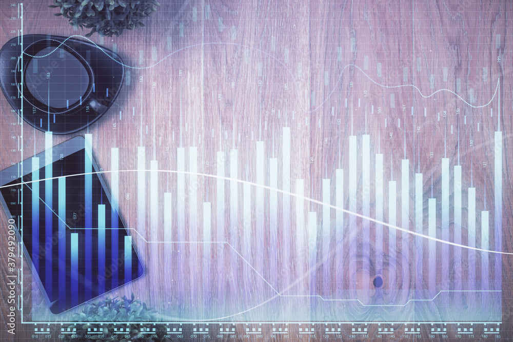Poster multi exposure of financial chart hologram over desktop with phone. top view. mobile trade platform 