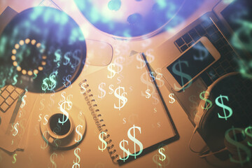 Multi exposure of forex chart drawing and work table top veiw. Concept of financial analysis.