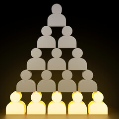 Glowing people silhouettes pyramid on black background