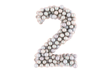 Number 2 from white pearls, 3D rendering