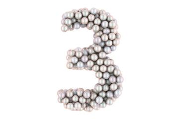 Number 3 from white pearls, 3D rendering