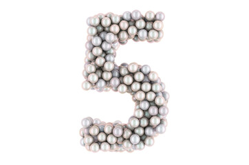 Number 5 from white pearls, 3D rendering
