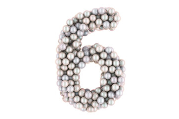 Number 6 from white pearls, 3D rendering