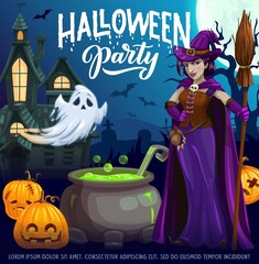 Halloween party cartoon vector poster. Witch in purple dress holding broom near cauldron with green boiling goo. Jack-o-lantern pumpkins and spooky ghost at haunted creepy castle on cemetery at night