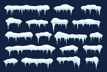 Snow caps with icicles, vector snowballs and snowdrifts. Winter snowy decoration, christmas design elements. Long and short icy roof framing with icicles, cartoon icons set isolated on blue background