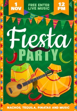 Fiesta party vector flyer with mexican national costumes for man and woman, red hot chili pepper, guitar and flags garland. Cartoon Cinco de Mayo poster with traditional holidays of Mexico symbols