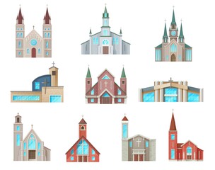 Catholic church buildings vector icons. Isolated cathedral, chapels and monastery facades. Medieval and modern churches design, christian evangelic religious cartoon architecture exterior symbols set - obrazy, fototapety, plakaty