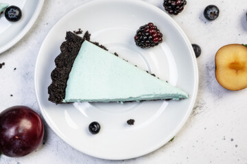 fresh blueberry tart piece on green background