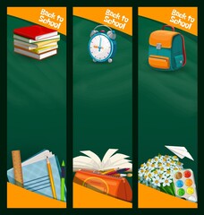 Back to school chalkboard banners with vector education supplies and student books. Pencils, pens, school bag and notebooks, paint, brush, ruler and alarm clock, backpack and pencil box on blackboard
