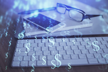 Double exposure of forex chart drawing and cell phone background. Concept of financial trading