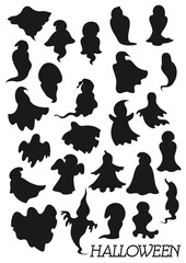 Fototapeta na wymiar Ghost black silhouettes vector design with Halloween spooky night monsters. Scary creatures of mystery shadows, devil demons and horror nightmares, flying phantoms, fear spirits and evil poltergeists