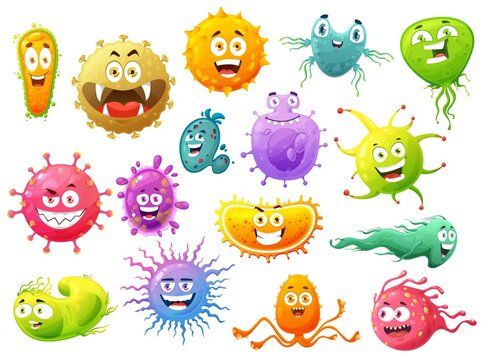 Cartoon virus characters of vector bacteria and germ monsters. Cute microbe cells and infection pathogens of coronavirus, flu or influenza, rotavirus and adenovirus with happy faces and smiles