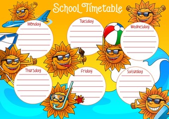School timetable vector template of education schedule or study plan with sun characters. Weekly planner with student lesson chart layouts with frame background of cartoon suns, sea waves, glasses