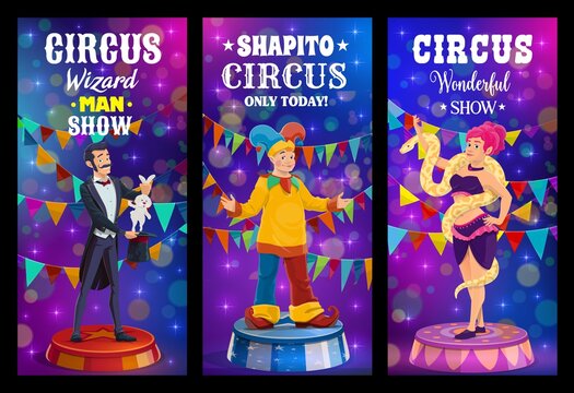 Big top tent circus, funfair carnival show clowns and performers vector banners. Big top circus shapito magician illusionist with rabbit in hat, clown and snake charmer woman, entertainment magic show