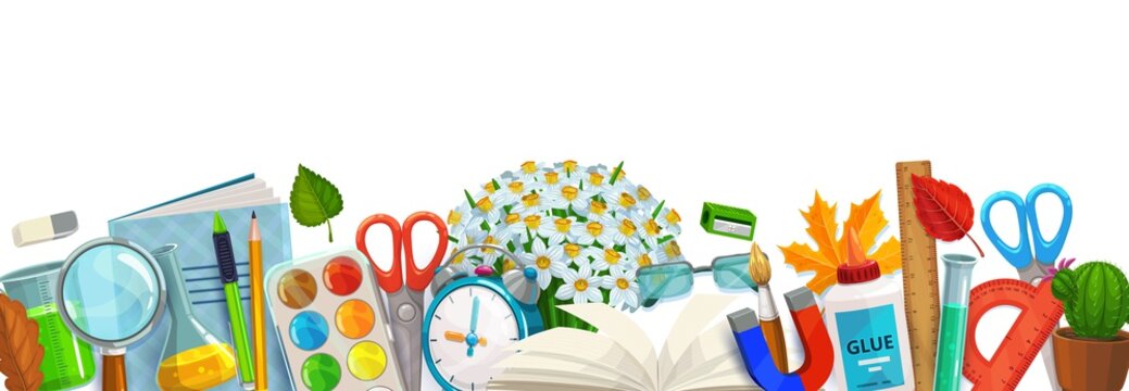 Education vector banner with border of school supplies. Student books, pens and pencils, paint, brush, scissors and chemical flasks, rulers, glasses and magnifier, pupils stationery and school items