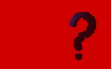 Dark blue question mark made up of small squares on the bright red background. Uneven outline. Copy space. 3D Rendering illustration.