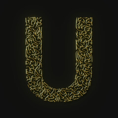 High resolution letter U symbol made of molded golden lines. 3d rendering