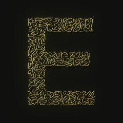 High resolution letter E symbol made of molded golden lines. 3d rendering
