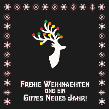 Santa Calus Rein dear and text in German (Germany) Frohe Weihnachten und ein gutes neues Jahr, means Merry Christmas and Happy New Year. Vector illustration.