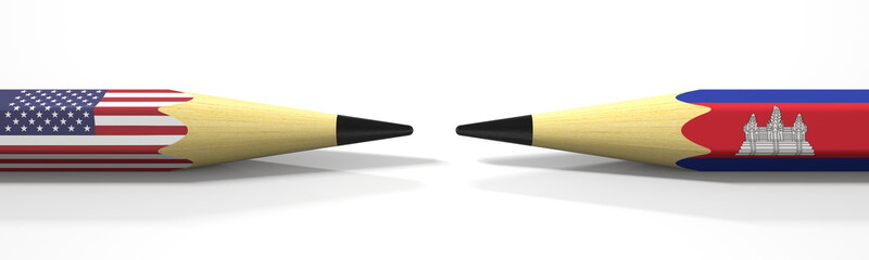 Opposing pencils with flags of the USA and Cambodia. Conflict concept, 3d rendering
