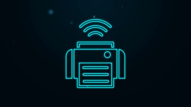 Glowing neon line Smart printer system icon isolated on black background. Internet of things concept with wireless connection. 4K Video motion graphic animation