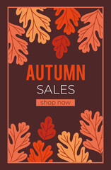 autumn sale poster with lettering and leafs pattern in brown background